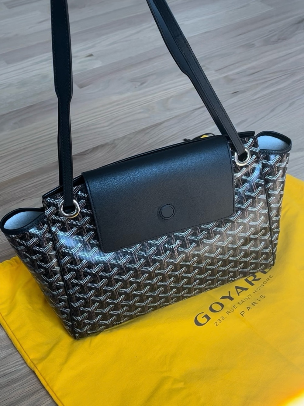 Goyard Rouette Black Chevron Coated Canvas Shoulder Bag with Black Leather Flap